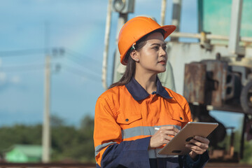 Portrait woman engineer or railway worker holding digital tablet working, maintenance and inspecting quality at railway.