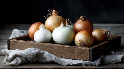 Rustic Kitchen Scene with Onions and Wooden Tray