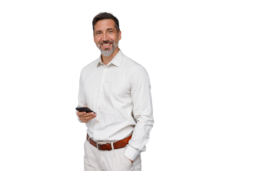 Confident man in business casual wearing white shirt holding smartphone smiling looking at camera on transparent background