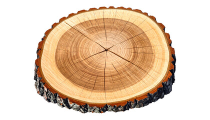 Cross-section of a tree trunk, showing annual rings and bark on a transparent background