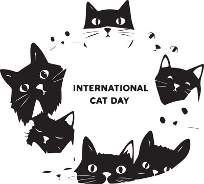 International Cat Day with playful black cat faces, black and white vector illustration for pet themes - Powered by Adobe