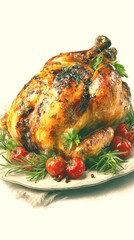 Savory roasted chicken garnished with herbs and cherry tomatoes on a platter for a delicious meal