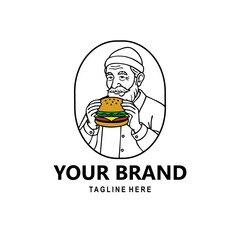 Vintage logo design of an old man eating a burger. Retro style illustration for restaurant, fast food, or burger brand identity.