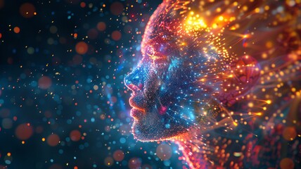 Abstract digital profile of a human face made of light particles and data streams, symbolizing consciousness, and advanced technology.