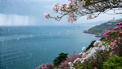 Raining over the ocean pink and white azaleas blooming coastal view boats sailing pink azaleas