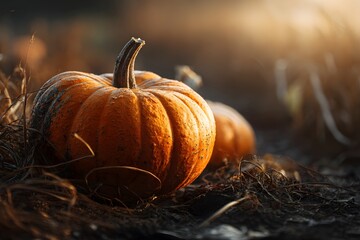 Close-up of a vibrant orange pumpkin in a rustic autumn field, golden sunlight,
