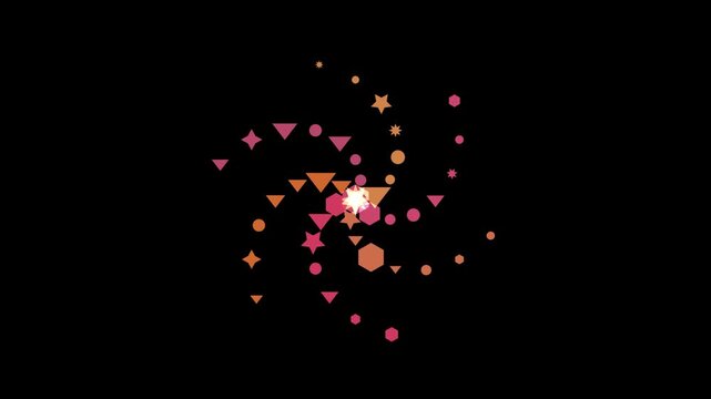 Abstract explosion of colorful geometric shapes and stars on a black background