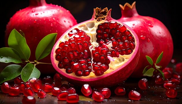 Close-up of a sliced pomegranate showing juicy, red seeds