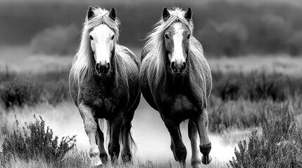 Horses galloping through a meadow during autumn in the countryside