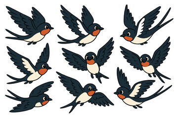 Obraz premium Flying barn swallow birds in various poses traditional tattoo style seamless pattern