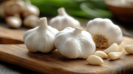 Close up view of garlic bulbs and cloves on a wooden board with blurred background in soft natural light