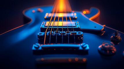 Close up of a blue electric guitar with orange light shining on the strings and body of the guitar