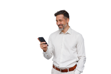 Smiling man using mobile phone, texting, browsing social media or apps, transparent background