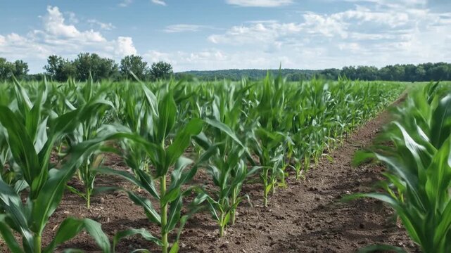 Green cornfield rows under a bright sky agriculture and nature concept