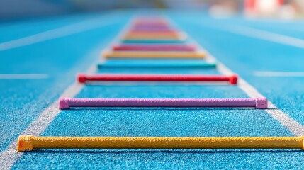 Vibrant athletic training ladder on outdoor blue track surface