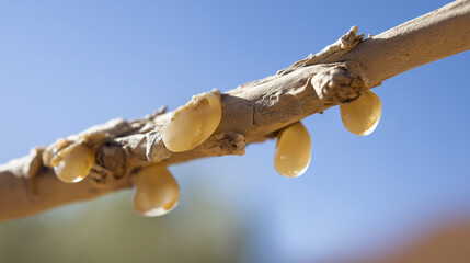 Close-up of frankincense tree bark with teardrop-shaped resin droplets glinting. gardening catalogs, home-decor guides, designed for gardening and botanical catalogs, used by clinicians.