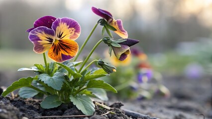 Vibrant Purple Orange Yellow Pansy Flowers Blooming in Garden Bed Dark Soil Background image