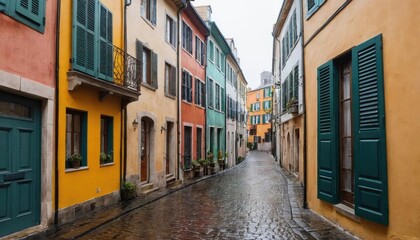 Fototapeta premium Colorful buildings line a narrow street with closed green shutters, creating a vibrant and charming urban scene.