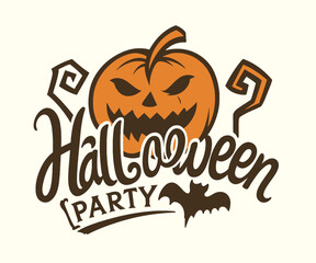 Halloween party logo design with scary pumpkin face and bat illustration. Spooky typography in vintage style for celebration or event decoration.
