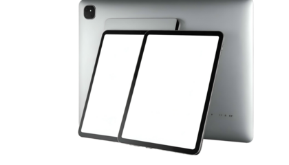 Silver tablets, two angled in front, with one leaned against a larger one, all screens white