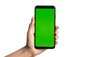 Hand holding a smartphone with a green screen against a black background