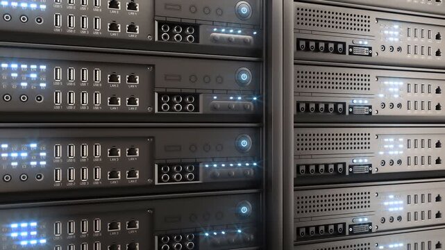 High-Tech Data Center Servers with Glowing LED Indicators