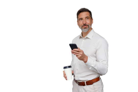 Middle-aged businessman holding smartphone and coffee cup looking thoughtfully upwards on transparent background