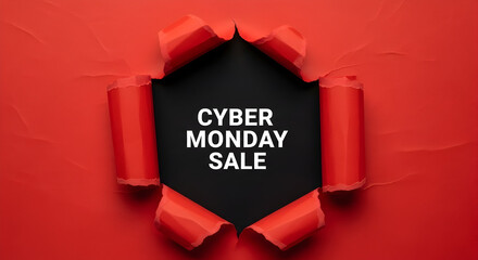Cyber monday sale announcement with a bold red torn paper effect revealing a dark background perfect for advertising and promotional marketing campaigns