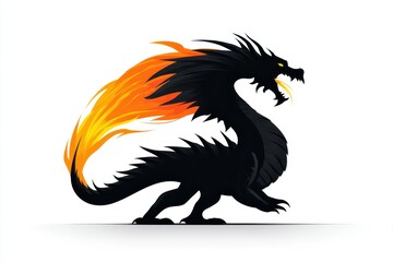 Fototapeta premium Black dragon with fiery tail breathes yellow flame on white background.