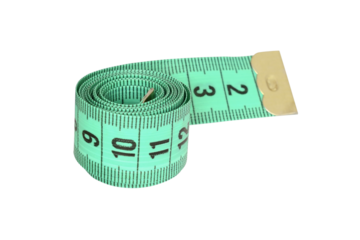 Closeup of green convolute measuring tape isolated on white or transparent background