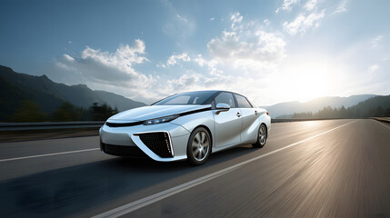hydrogen fuel car on modern road with clean sky, future green transport