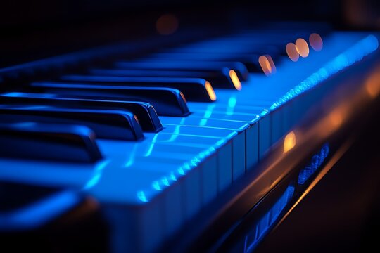 A close up view of piano keys illuminated with a bright blue light and bokeh in the background
