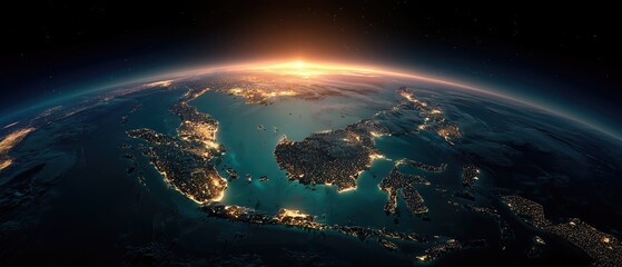 Obraz premium Earth from space with city lights and sunrise glow, showcasing cosmic landscape aesthetic for wallpaper, poster and space exploration theme.