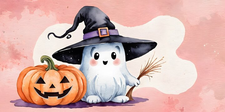 watercolor illustration of a smiling ghost wearing a witch hat with a pumpkin and broom. Halloween concept art.