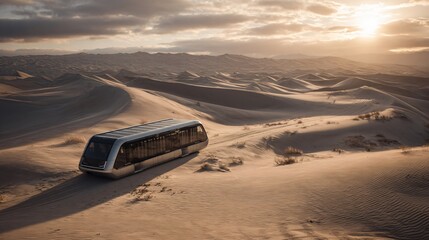 Futuristic solar-powered desert transport traversing vast sand dunes at sunset, showcasing sustainable travel and innovation