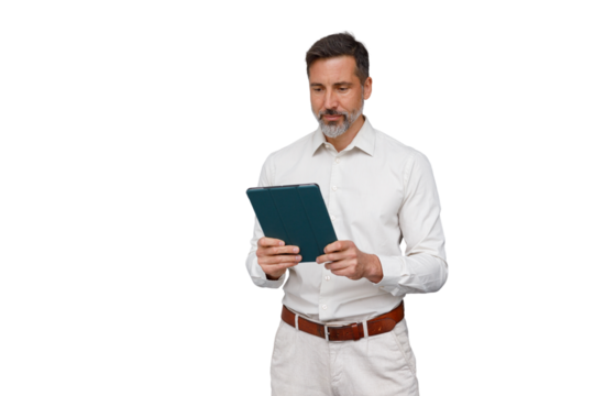 Mature businesssman using digital tablet for remote work, researching online, standing on transparent background
