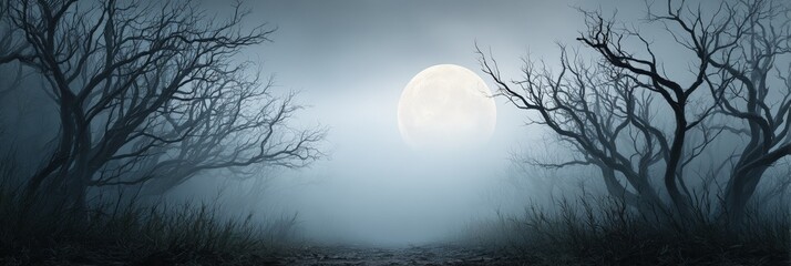 Forest path winding beneath gnarled, bare trees shrouded in thick fog and moonlight, evoking a mysterious, eerie nighttime scene perfect for haunted, atmospheric moods