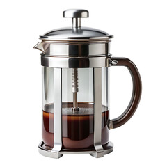 Glass and metal french press coffee maker with dark liquid inside isolated on white background