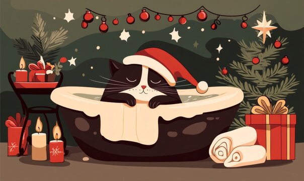 Cute cat wearing a santa hat relaxing in a bathtub during christmas, surrounded by festive decorations and gifts