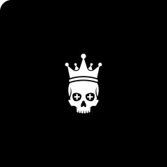 Skull icon wearing a crown, cross eyes, centered on black background