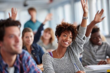 Students raising hands in classroom teacher in background