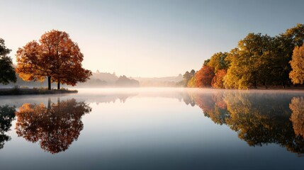 Golden sunlight illuminates the colorful foliage of trees lining a tranquil lake, creating a beautiful reflection on the misty water's surface during a serene autumn sunrise