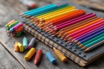 Stack of colorful school supplies on wooden table top view