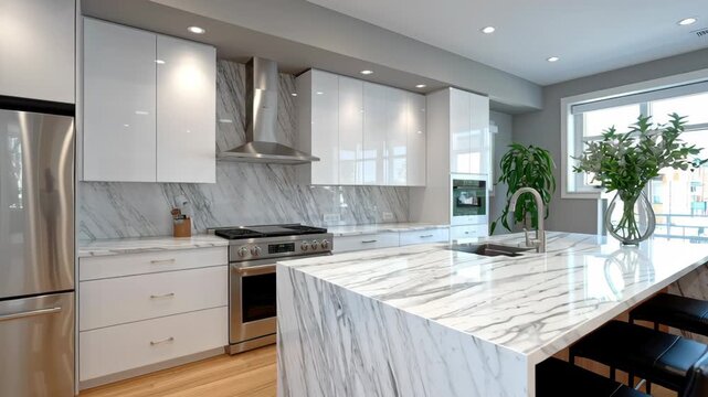 Modern kitchen interior showcasing sleek cabinetry and marble countertops, with a focus on elegant design elements, camera pans across the space highlighting textures and ambient lighting