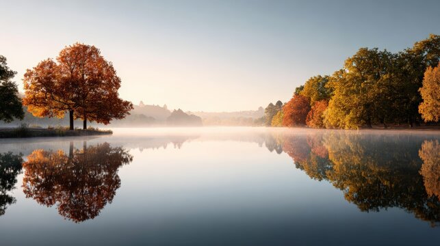 Golden sunlight illuminates the colorful foliage of trees lining a tranquil lake, creating a beautiful reflection on the misty water's surface during a serene autumn sunrise