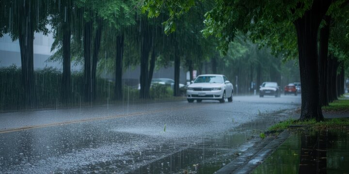 Cars Driving on Wet Road in Heavy Rainfall - Powered by Adobe
