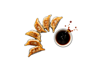 Fried gyoza cut-out alongside dipping sauce on a plain white surface