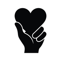 Black silhouette of a hand gently holding a heart symbol
