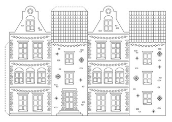 Coloring page, paper game for kids. Cut and glue. Christmas house. Education for kids, papercraft, preschool worksheet activity. Vector illustration