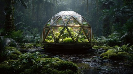 Stunning glass greenhouse nestled in lush forest, providing a sustainable sanctuary for vibrant plant life and eco-friendly design